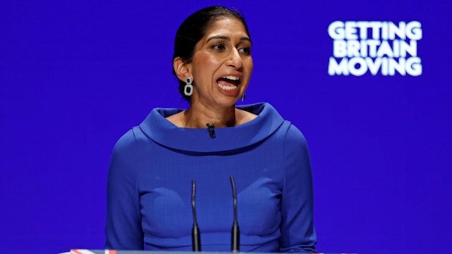 BIRMINGHAM, ENGLAND - OCTOBER 04: Suella Braverman, Secretary of State for the Home Department speaks on day three of the Conservative Party Conference on October 04, 2022 in Birmingham, England.