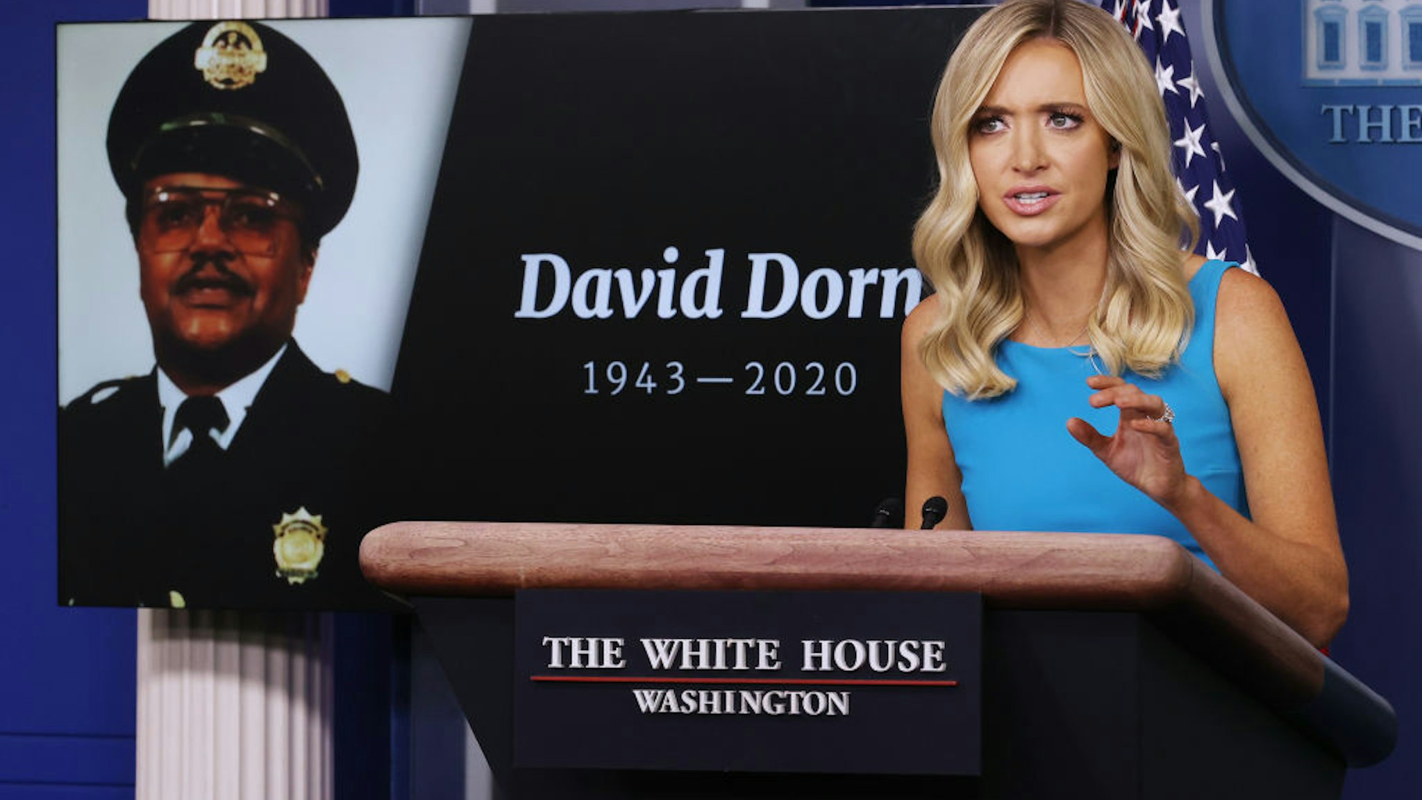 WASHINGTON, DC - JUNE 03: White House Press Secretary Kayleigh McEnany notes the deaths of several police officers during a news conference, including retired St. Louis Police Captain David Dorn, in the Brady Press Briefing Room at the White House June 03, 2020 in Washington, DC. Earlier in the day, Defense Secretary Mark Esper broke with President Donald Trump and said that he does not support using active duty military troops on the streets of American cities to quell protests over the death of George Floyd, who was killed while in the custody of Minneapolis police on Memorial Day. (Photo by Chip Somodevilla/Getty Images)