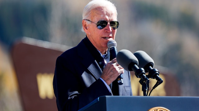RED CLIFF, CO - OCTOBER 12: U.S. President Joe Biden gives a speech before designating Camp Hale as a national monument on October 12, 2022 in Red Cliff, Colorado. Camp Hale, a World War II training ground for the 10th Mountain Division, is the first national monument that Biden has designated during his term as president. (Photo by Michael Ciaglo/Getty Images)