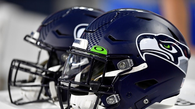 LAS VEGAS, NEVADA - AUGUST 14: A Seattle Seahawks helmet is seen on the sidelines during a preseason game against the Las Vegas Raiders at Allegiant Stadium on August 14, 2021 in Las Vegas, Nevada.