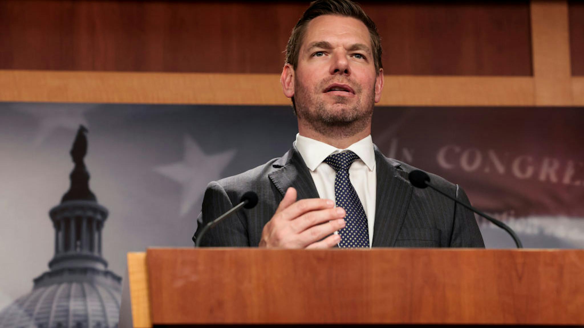 Sen. Reed and Rep. Swalwell Hold Press Conference On Protection From Abusive Passengers Act WASHINGTON, DC - APRIL 06: Rep. Eric Swalwell (D-CA) speaks alongside Sen. Jack Reed (D-RI) during a news conference on the introduction of their Protection from Abusive Passengers Act at the U.S. Capitol Building on April 06, 2022 in Washington, DC. Swalwell and Reed's legislation is designed to improve air safety, increase traveler protections, reduce in-flight violence and hold unruly passengers accountable if they assault flight attendants and airline crew members. (Photo by Anna Moneymaker/Getty Images)