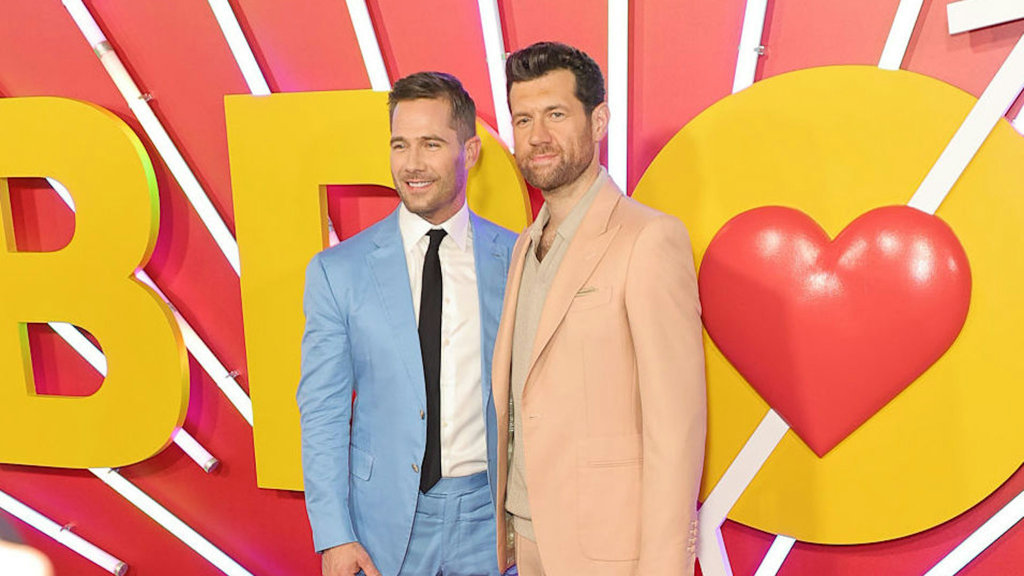 (L-R) Luke Macfarlane and Billy Eichner attend the Los Angeles Premiere of Universal Pictures' "Bros" at Regal LA Live on September 28, 2022 in Los Angeles, California.