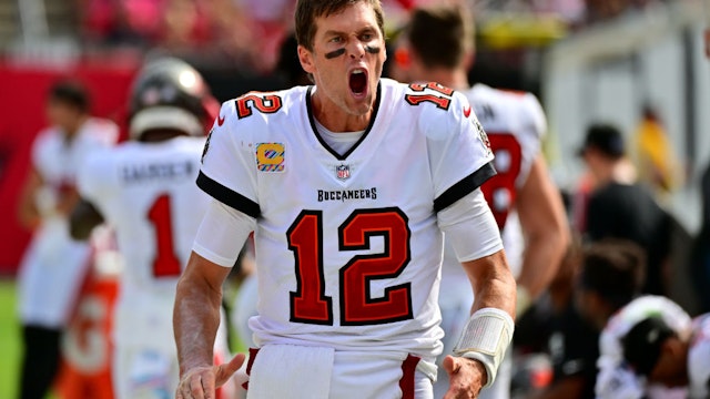 Tom Brady #12 of the Tampa Bay Buccaneers reacts on the sideline during the second half in the game against the Atlanta Falcons at Raymond James Stadium on October 09, 2022 in Tampa, Florida.