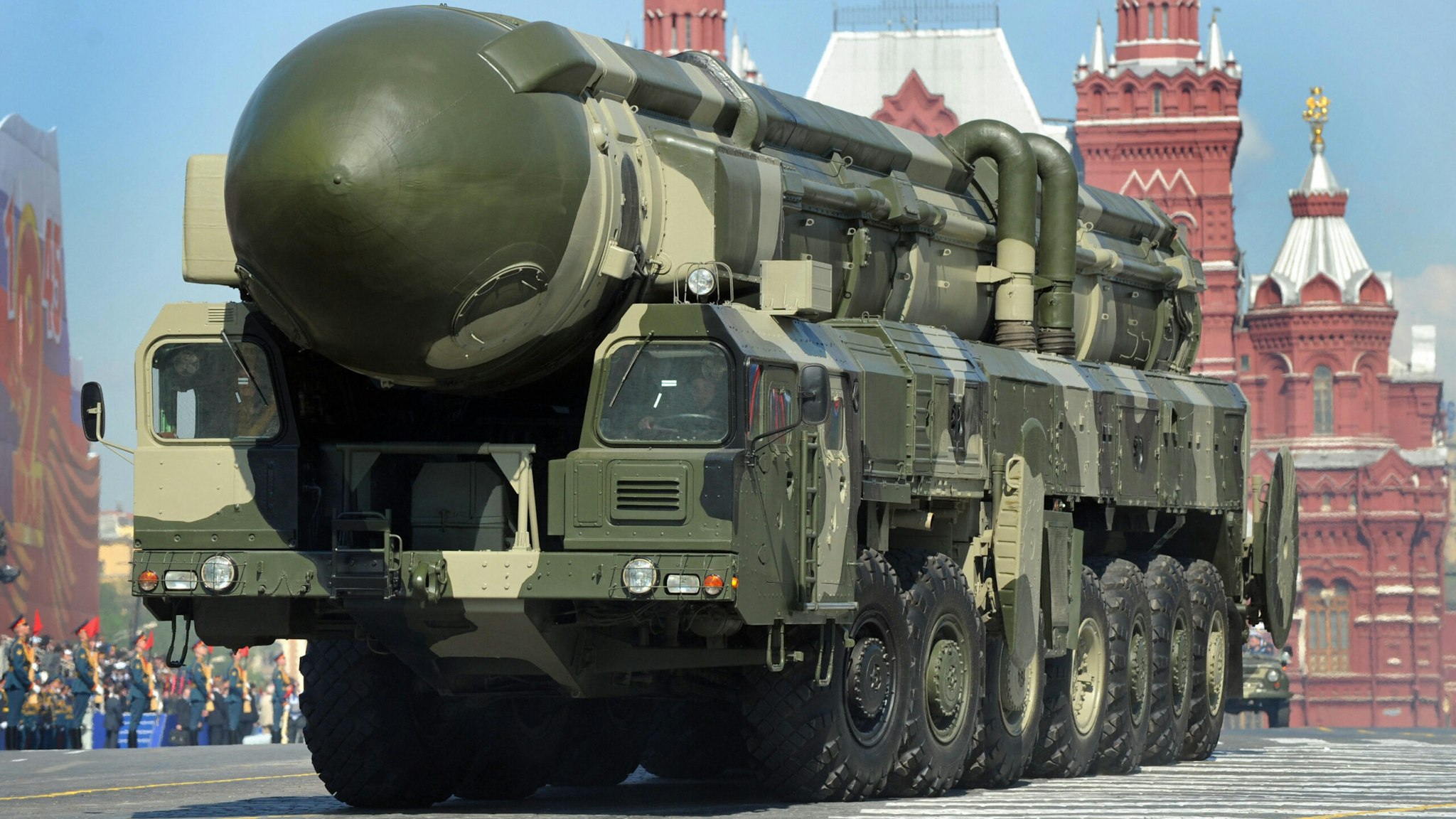 A Russian Topol-M intercontinental ballistic missile drives through Red Square during the nation's Victory Day parade in Moscow on May 9, 2009 in commemoration of the end of WWII. Russia sternly warned its foes not to dare make any aggression against the country, as it put on a Soviet-style show of military might in Red Square including nuclear capable missiles.