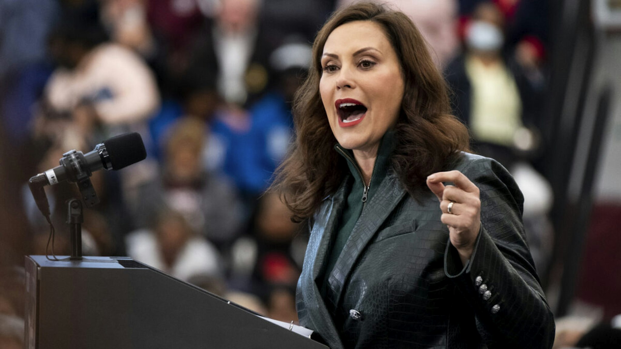 Michigan Governor Gretchen Whitmer speaks to a crowd at Renaissance High School during a campaign rally for Michigan Democrats ahead of the midterm elections on October 29, 2022 in Detroit, Michigan