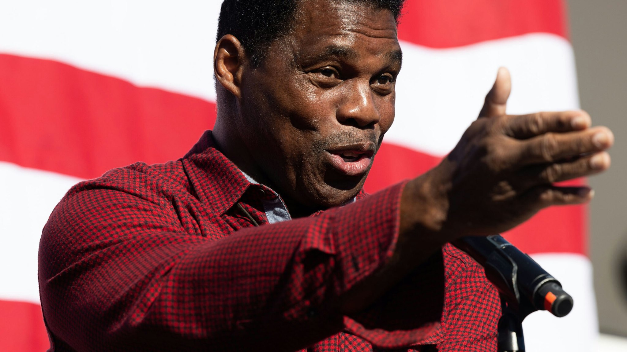MACON, GA - OCTOBER 20: Georgia Republican Senate nominee Herschel Walker addresses the crowd of supporters during a campaign stop on October 20, 2022 in Macon, Georgia. Walker in running against incumbent Senator Raphael Warnock (D-GA) in the mid-term elections.