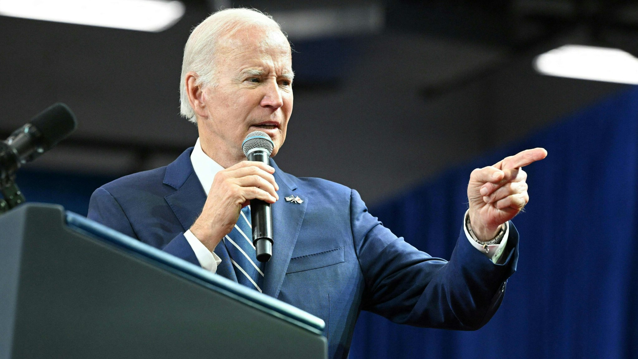 US President Joe Biden speaks on manufacturing at the SRC Arena and Events Center of Onondaga Community College in Syracuse, New York on October 27, 2022.