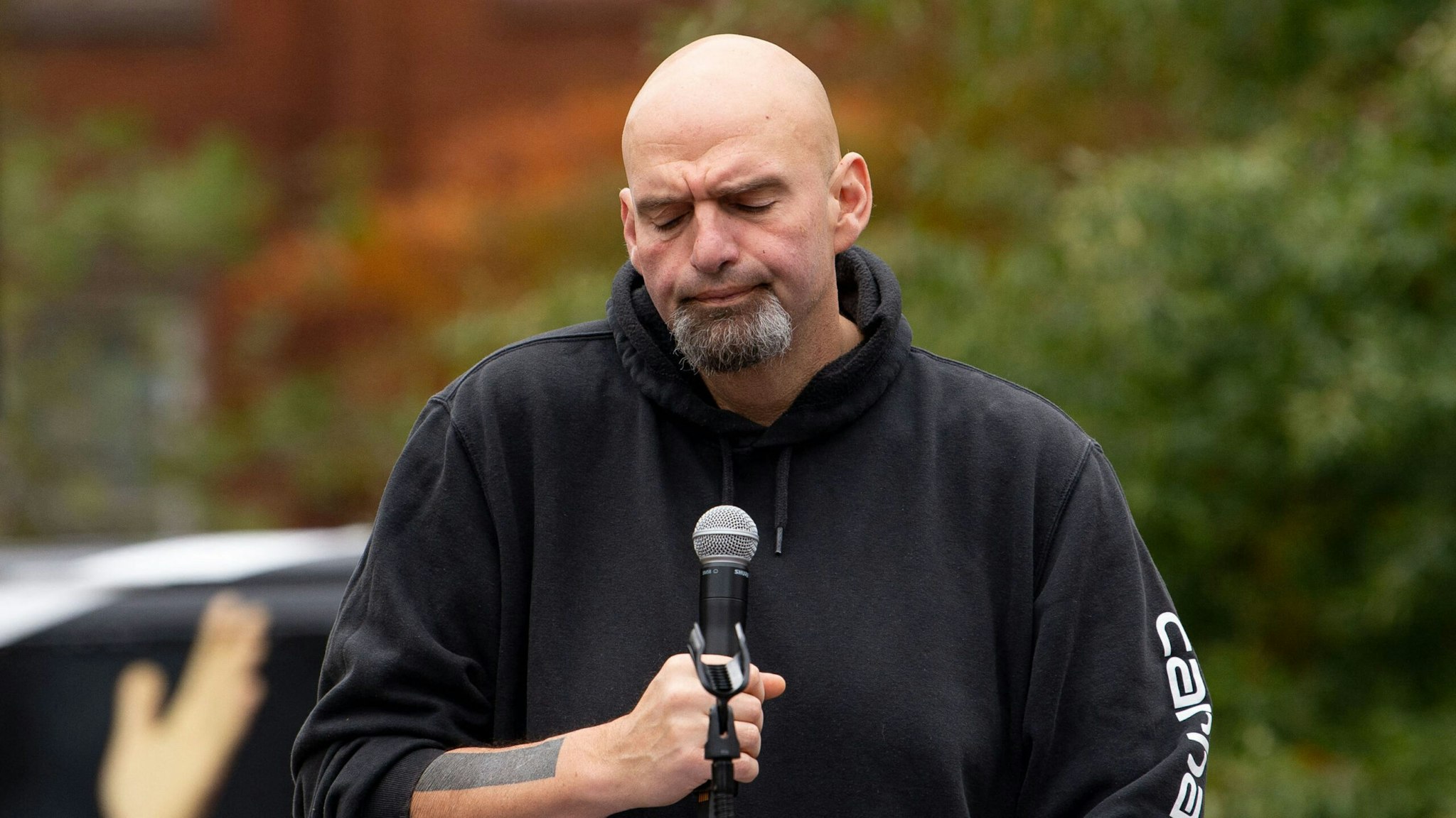 Pennsylvania's Lieutenant Governor John Fetterman speaks to supporters gathered in Dickinson Square Park in Philadelphia on October 23, 2022, as he campaigns for the US Senate. - The US midterm election is scheduled for November 8, 2022.