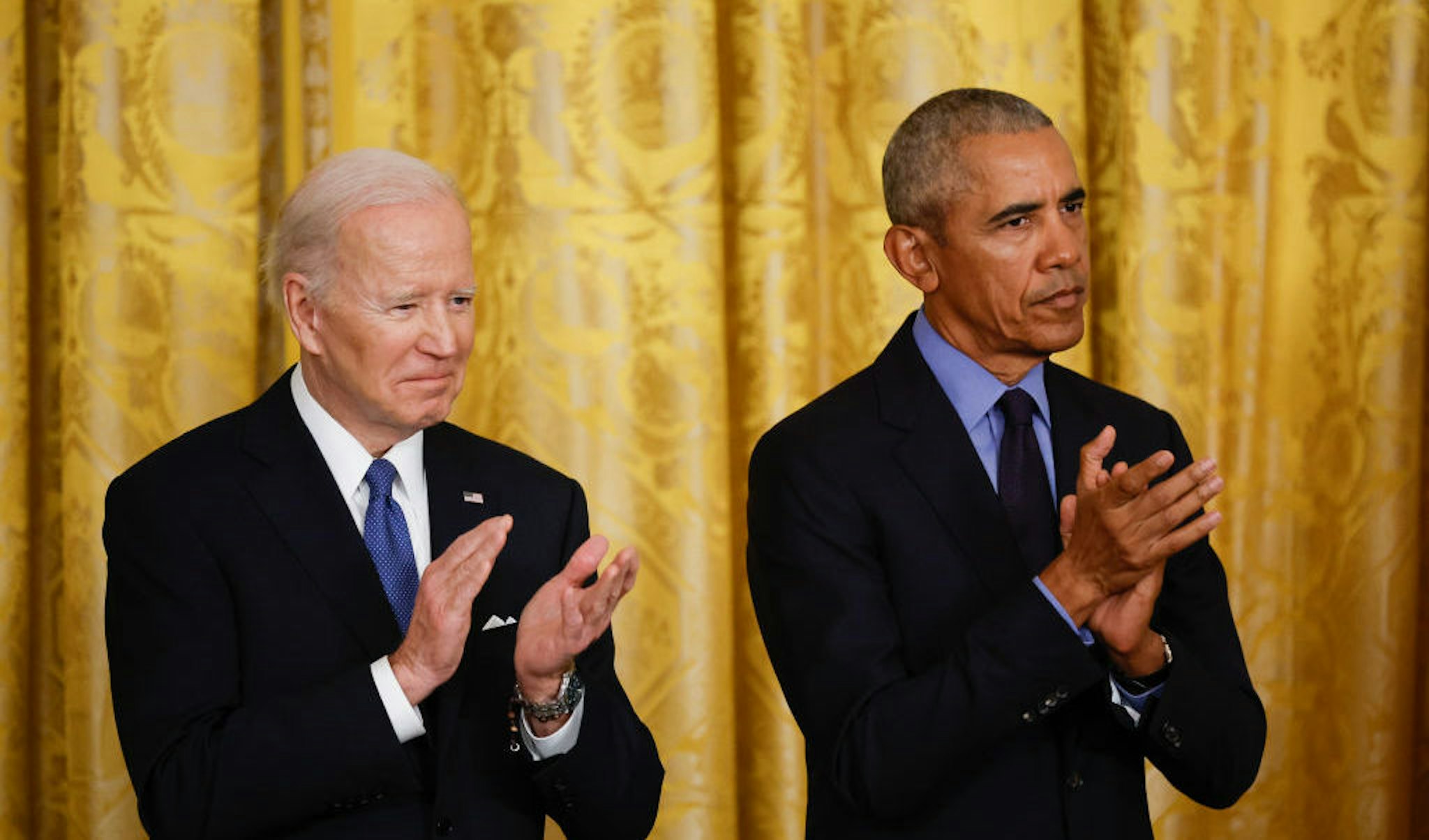 WASHINGTON, DC - APRIL 5: U.S. President Joe Biden and former President Barack Obama attend an event to mark the 2010 passage of the Affordable Care Act in the East Room of the White House on April 5, 2022 in Washington, DC. With then-Vice President Joe Biden by his side, Obama signed 'Obamacare' into law on March 23, 2010. (Photo by Chip Somodevilla/Getty Images)
