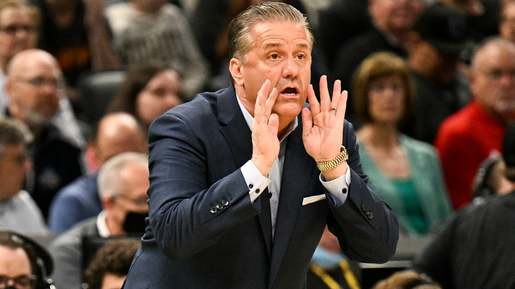 Head coach John Calipari of the Kentucky Wildcats coaches from the sideline against the St. Peter's Peacocks in the first round of the 2022 NCAA Men's Basketball Tournament held at Gainbridge Fieldhouse on March 17, 2022 in Indianapolis, Indiana