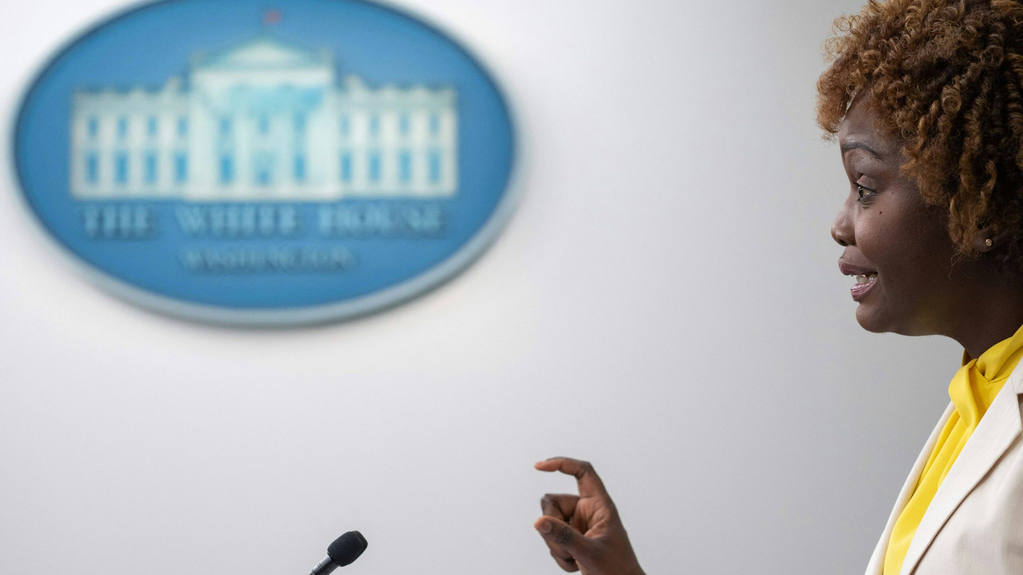 White House Press Secretary Karine Jean-Pierre speaks during the daily press briefing in the James S Brady Press Briefing Room of the White House in Washington, DC, on October 4, 2022.