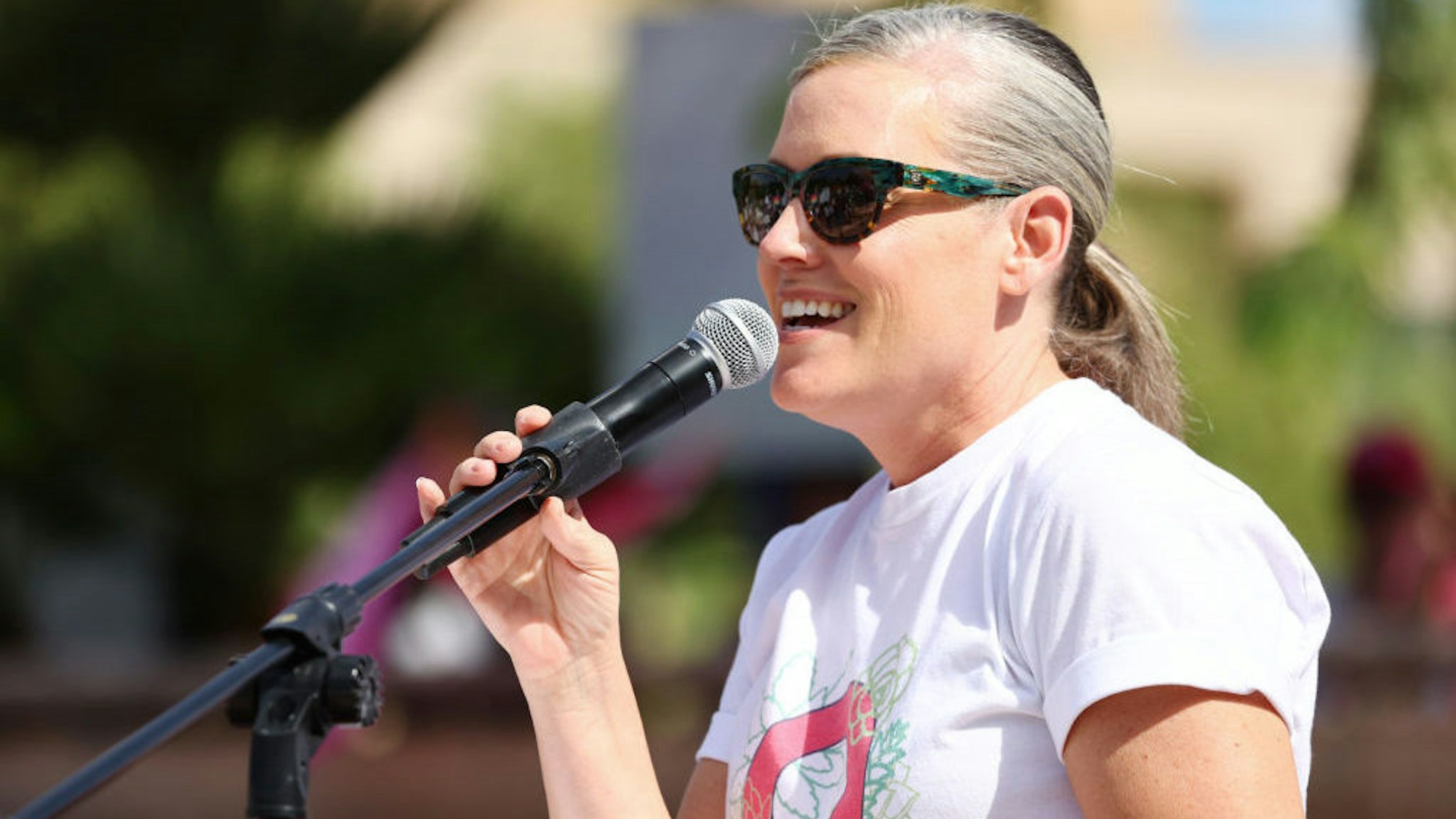 PHOENIX, ARIZONA - OCTOBER 08: Arizona Secretary of State and Democratic gubernatorial candidate Katie Hobbs speaks at a Women's March rally in support of midterm election candidates who support abortion rights outside the State Capitol on October 8, 2022 in Phoenix, Arizona. Hobbs faces Trump-endorsed Arizona Republican nominee for governor Kari Lake in the midterm elections on November 8. (Photo by Mario Tama/Getty Images)