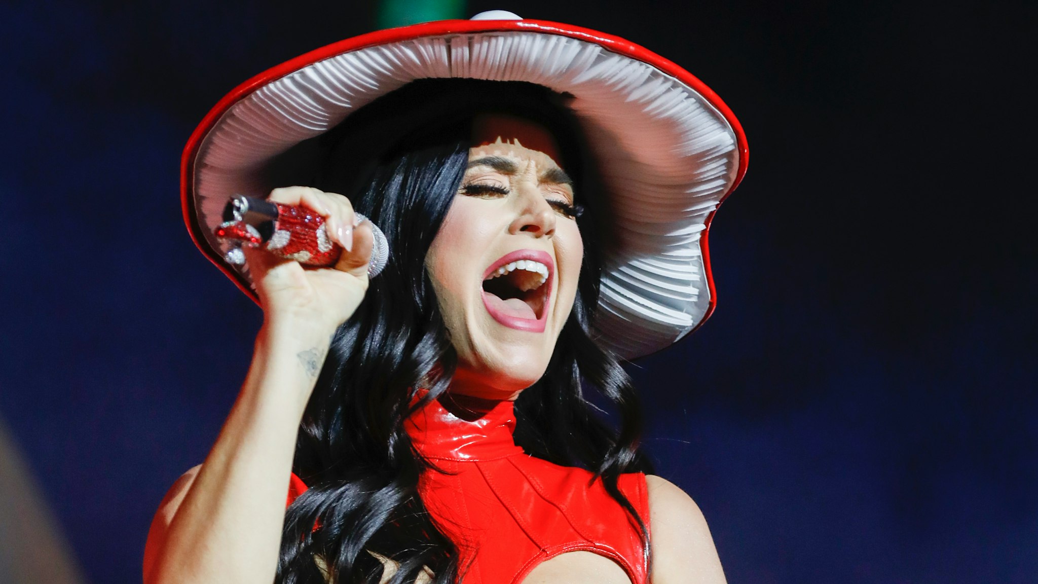 Global Pop Superstar and godmother to Norwegian Prima, Katy Perry, performs at the ship’s christening ceremony in Reykjavik, Iceland to commemorate her first voyage on August 27, 2022.
