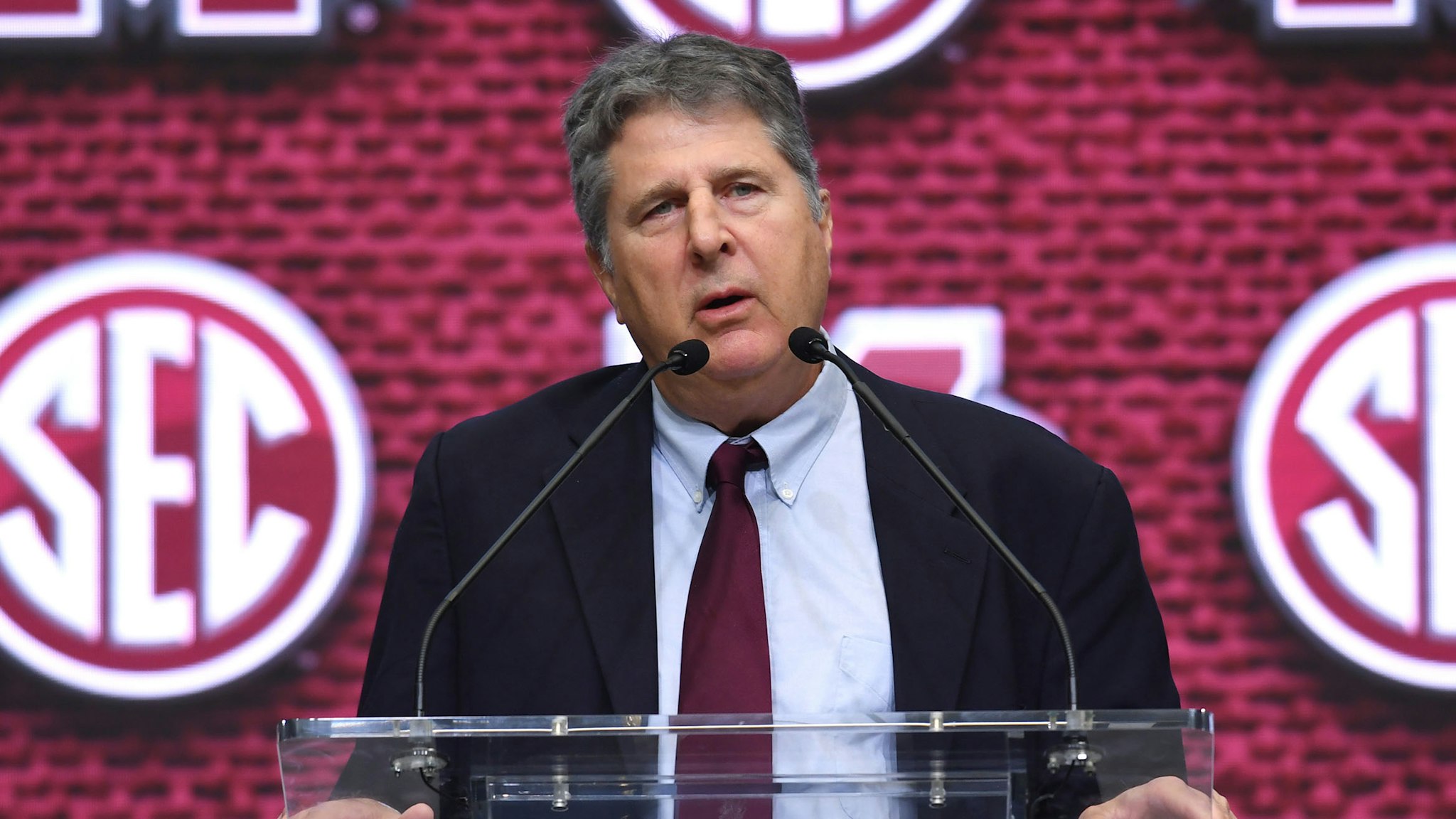 ATLANTA, GA - JULY 19: Mississippi State Bulldogs Head Coach Mike Leach addresses the media during the SEC Football Kickoff Media Days on July 19, 2022, at the College Football Hall of Fame in Atlanta, GA.