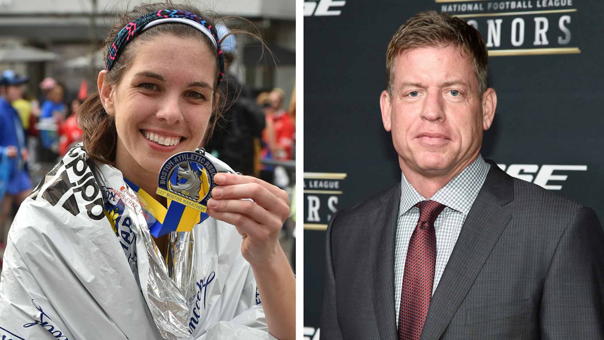 Meghan Ottolini holds her medal after completing the 121st Boston Marathon in Boston on Monday, April 17, 2017. Staff photo by Christopher Evans Former NFL player Troy Aikman attends the 5th annual NFL Honors at Bill Graham Civic Auditorium on February 6, 2016 in San Francisco, California.
