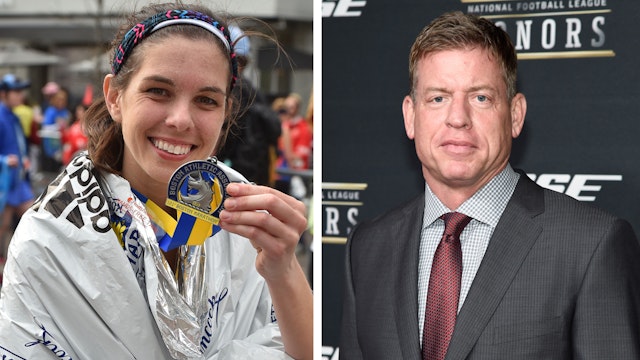 Meghan Ottolini holds her medal after completing the 121st Boston Marathon in Boston on Monday, April 17, 2017. Staff photo by Christopher Evans Former NFL player Troy Aikman attends the 5th annual NFL Honors at Bill Graham Civic Auditorium on February 6, 2016 in San Francisco, California.