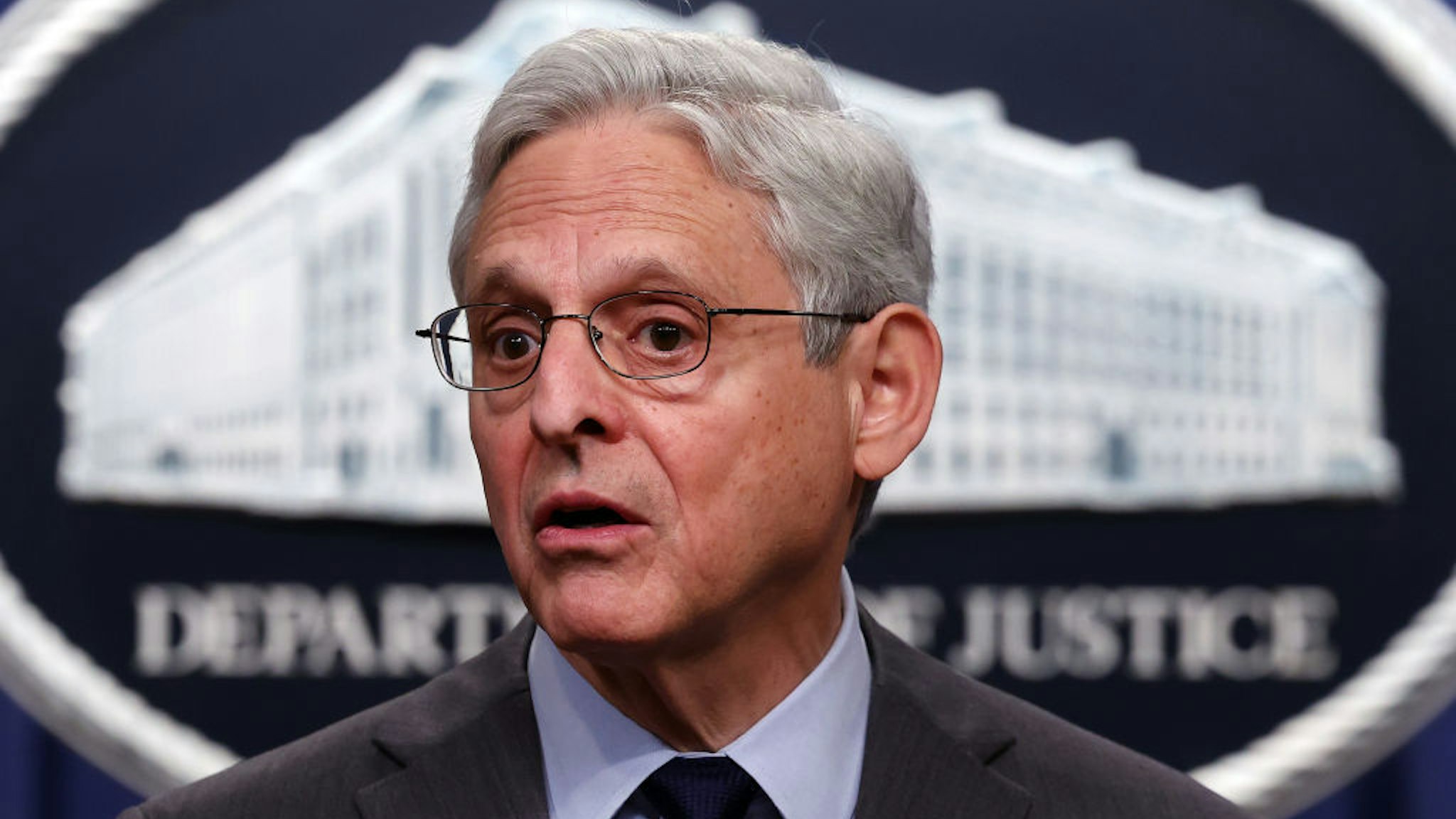 WASHINGTON, DC - OCTOBER 24: U.S. Attorney General Merrick Garland speaks at a press conference at the U.S. Department of Justice on on October 24, 2022 in Washington, DC. The Justice Department announced it has charged 13 individuals, including members of the Chinese intelligence and their agents, for alleged efforts to unlawfully exert influence in the United States for the benefit of the government of China. (Photo by Kevin Dietsch/Getty Images)