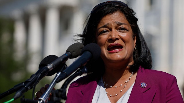 WASHINGTON, DC - AUGUST 12: Rep. Pramila Jayapal (D-WA) and fellow members of the House Progressive Caucus hold a news conference ahead of the vote on the Inflation Reduction Act of 2022 outside the U.S. Capitol on August 12, 2022 in Washington, DC. Despite not achieving everything the House liberals wanted, the $737 billion act will focus on slowing climate change, lower health care costs, and creating clean energy jobs by enacting a 15% corporate minimum tax, and a 1% fee on stock buybacks, and enhancing IRS enforcement. (Photo by Chip Somodevilla/Getty Images)