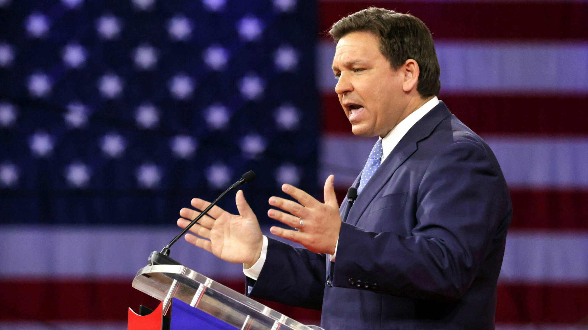 Florida Gov. Ron DeSantis delivers remarks at the 2022 CPAC conference at the Rosen Shingle Creek in Orlando, Florida, on Thursday, Feb. 24, 2022.