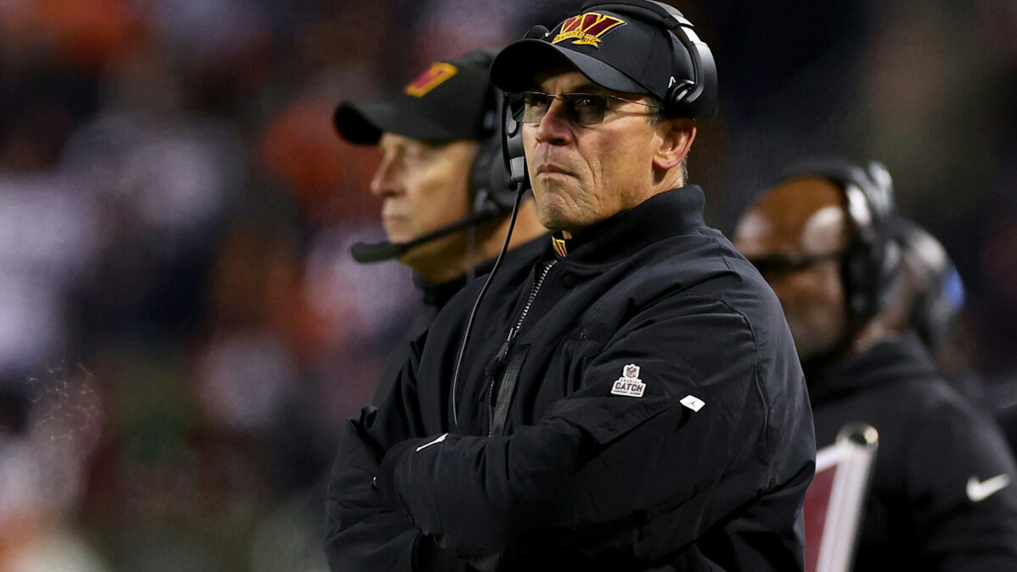 Head coach Ron Rivera of the Washington Commanders looks on during the second quarter against the Chicago Bears at Soldier Field on October 13, 2022 in Chicago, Illinois.