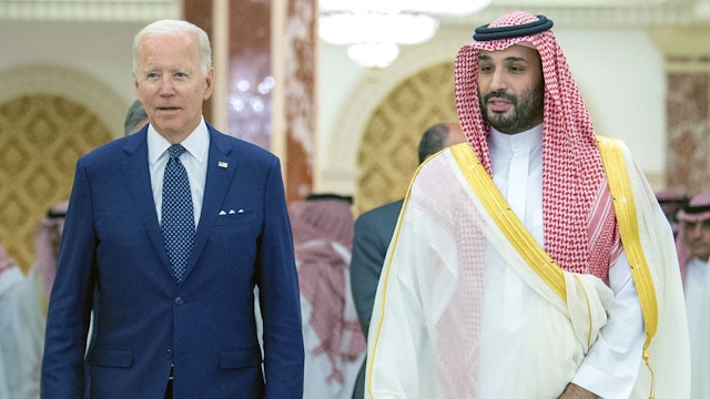 JEDDAH, SAUDI ARABIA - JULY 15: (----EDITORIAL USE ONLY â MANDATORY CREDIT - "ROYAL COURT OF SAUDI ARABIA / HANDOUT" - NO MARKETING NO ADVERTISING CAMPAIGNS - DISTRIBUTED AS A SERVICE TO CLIENTS----) US President Joe Biden (L) meets Saudi Arabian Crown Prince Mohammed bin Salman (R) at Alsalam Royal Palace in Jeddah, Saudi Arabia on July 15, 2022.