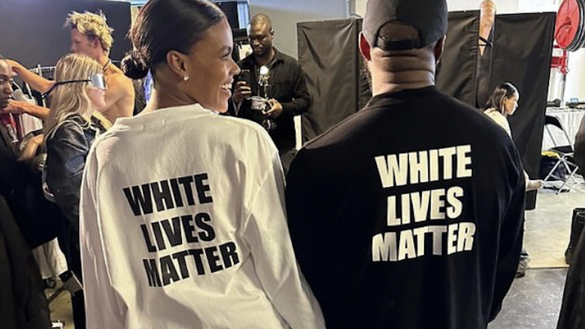 Candace Owens and Kanye West turned heads in matching "White Lives Matter" T-shirts at a Paris fashion show Monday.