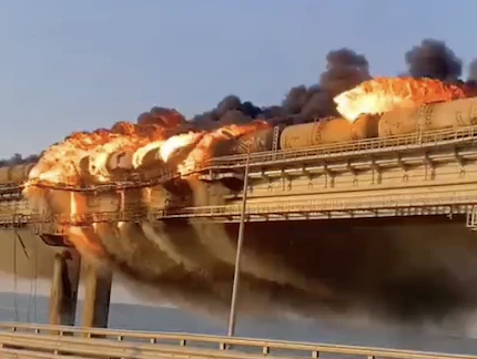 The Kerch bridge, which joins the annexed Russian peninsula to Russia, is Europe’s longest bridge. Reports said a fuel tank exploded on the strategically important bridge, and social media images showed the tanker in flames and part of the roadway had fallen into the Sea of Azov.