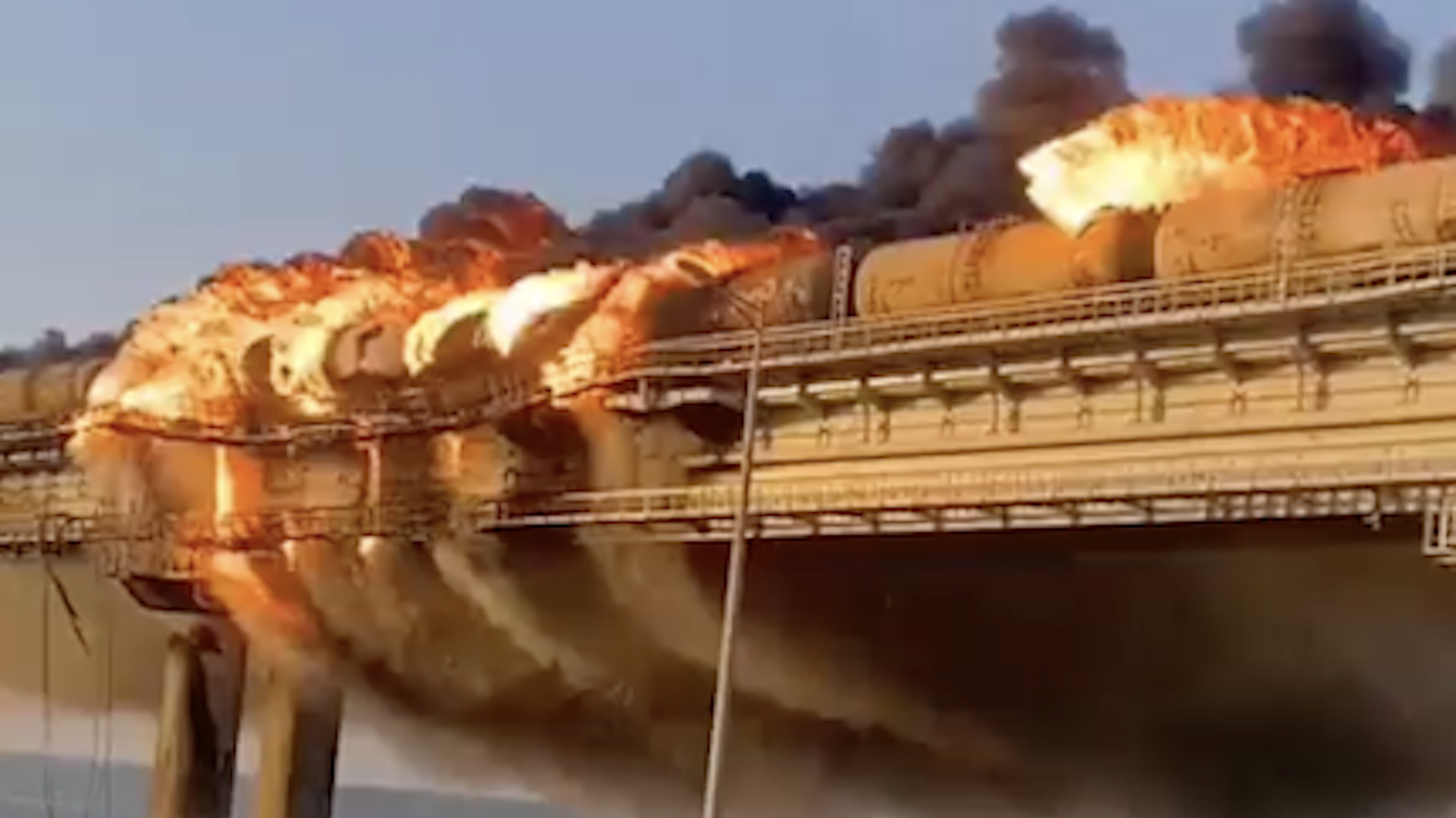 The Kerch bridge, which joins the annexed Russian peninsula to Russia, is Europe’s longest bridge. Reports said a fuel tank exploded on the strategically important bridge, and social media images showed the tanker in flames and part of the roadway had fallen into the Sea of Azov.