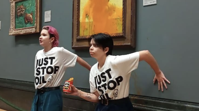 A pair of vandals threw tomato soup one of the art world’s most celebrated masterpieces at an art museum in London Friday in a bizarre protest against fossil fuels.