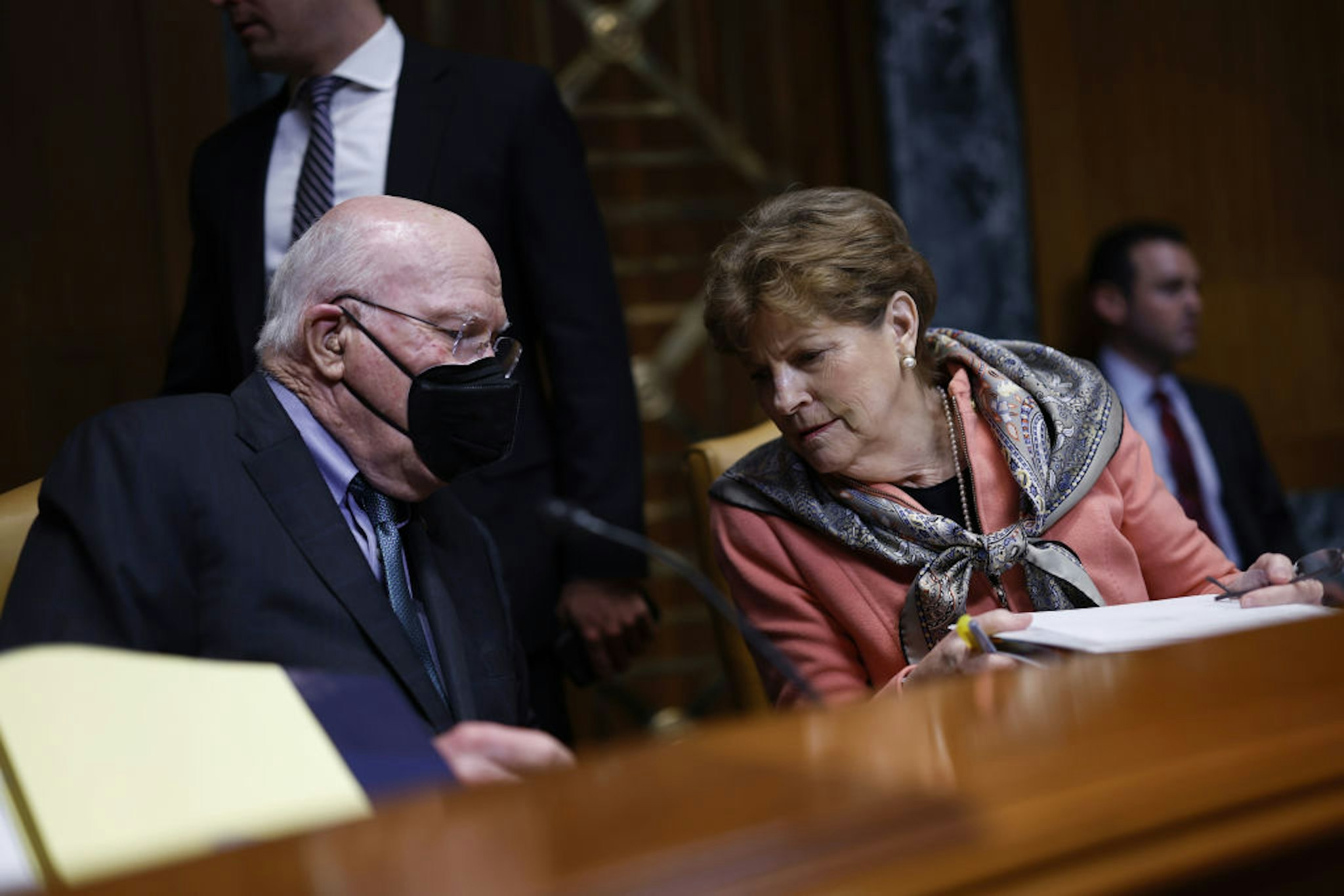Senator Jeanne Shaheen, a Democrat from New Hampshire and chair of the Senate Appropriations Subcommittee on Commerce, Justice and Science, right, speaks with Senator Patrick Leahy, a Democrat from Vermont, during a hearing in Washington, D.C., US, on Wednesday, May 25, 2022. The hearing is titled "A Review of the President's Fiscal Year 2023 Funding Request for the Federal Bureau of Investigation."