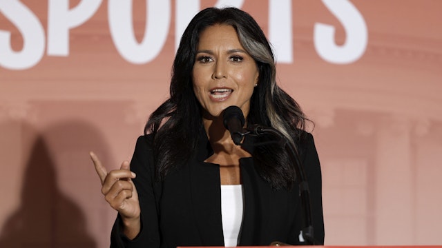 WASHINGTON, DC - JUNE 23: Former U.S. Rep. Tulsi Gabbard (D-HI) speaks at an "Our Bodies, Our Sports" rally to mark the 50th anniversary of Title IX at Freedom Plaza on June 23, 2022 in Washington, DC. The rally, organized by multiple athletic women's groups was held to call on U.S. President Joe Biden to put restrictions on transgender females and "advocate to keep women's sports female."
