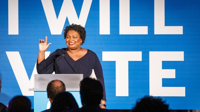 ATLANTA, GA - JUNE 06: Former minority leader of the Georgia House of Representatives Stacey Abrams speaks to a crowd at a Democratic National Committee event at Flourish in Atlanta on June 6, 2019 in Atlanta, Georgia. The DNC held a gala to raise money for the DNCs IWillVote program, which is aimed at registering voters.