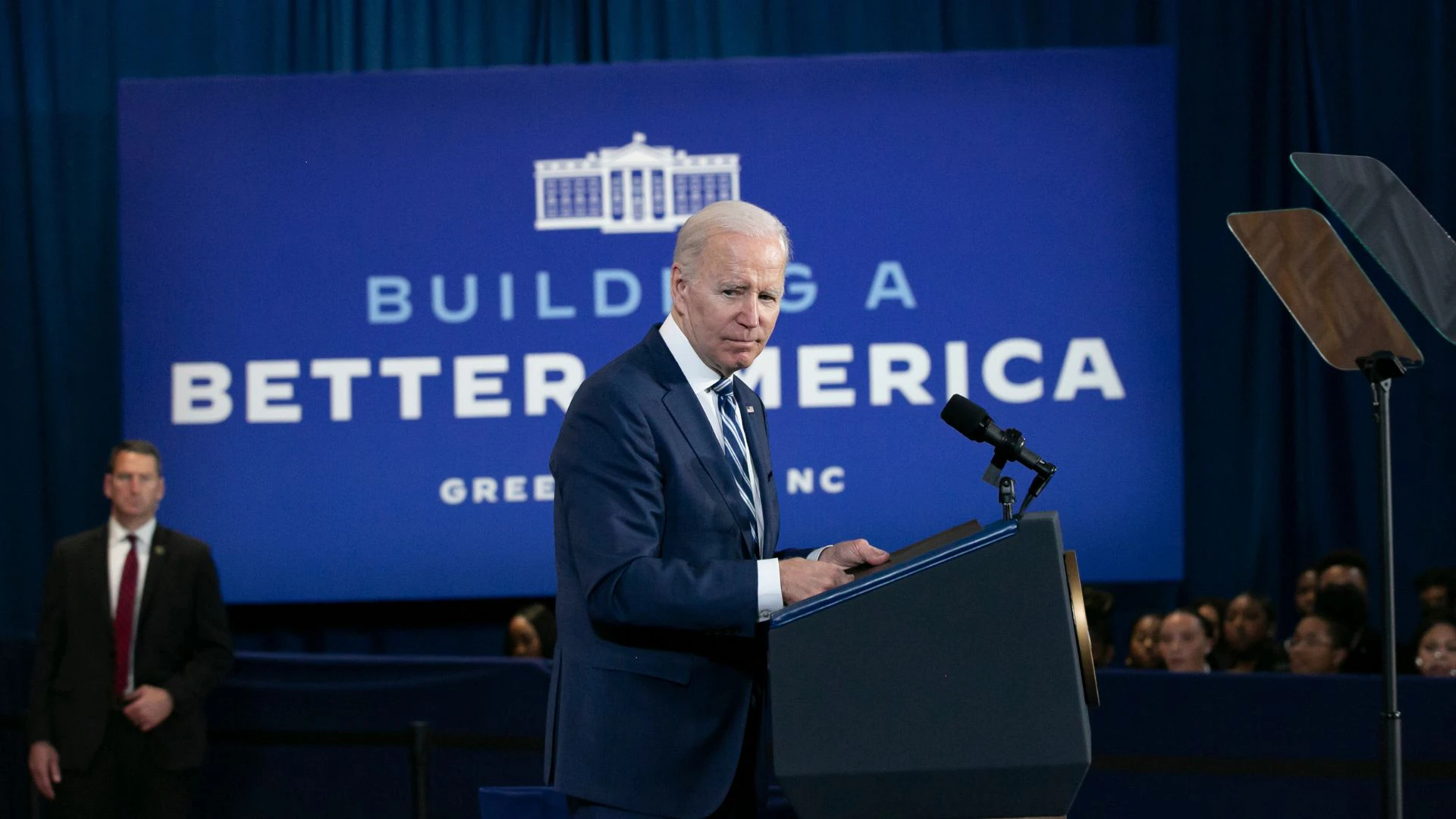 GREENSBORO, NC - APRIL 14: U.S. President Joe Biden speaks to guests during a visit to North Carolina Agricultural and Technical State University on April 14, 2022 in Greensboro, North Carolina. Biden was in North Carolina to discuss his administration's efforts to create manufacturing jobs and alleviate the impacts of inflation.