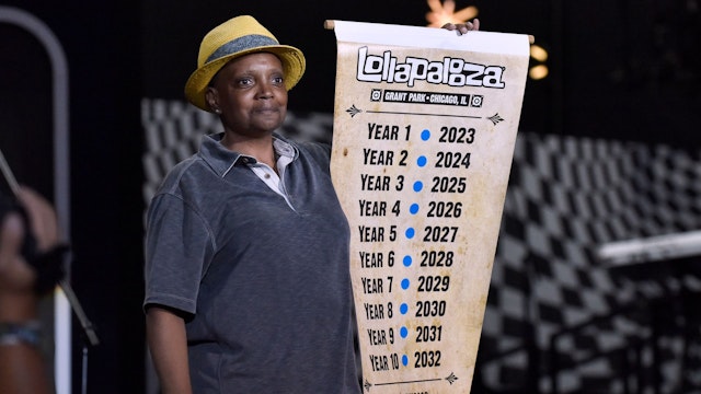 CHICAGO, ILLINOIS - JULY 31: Mayor Lori Lightfoot unveils the 10 year extension of Lollapalooza in Chicago during 2022 Lollapalooza at Grant Park on July 31, 2022 in Chicago, Illinois