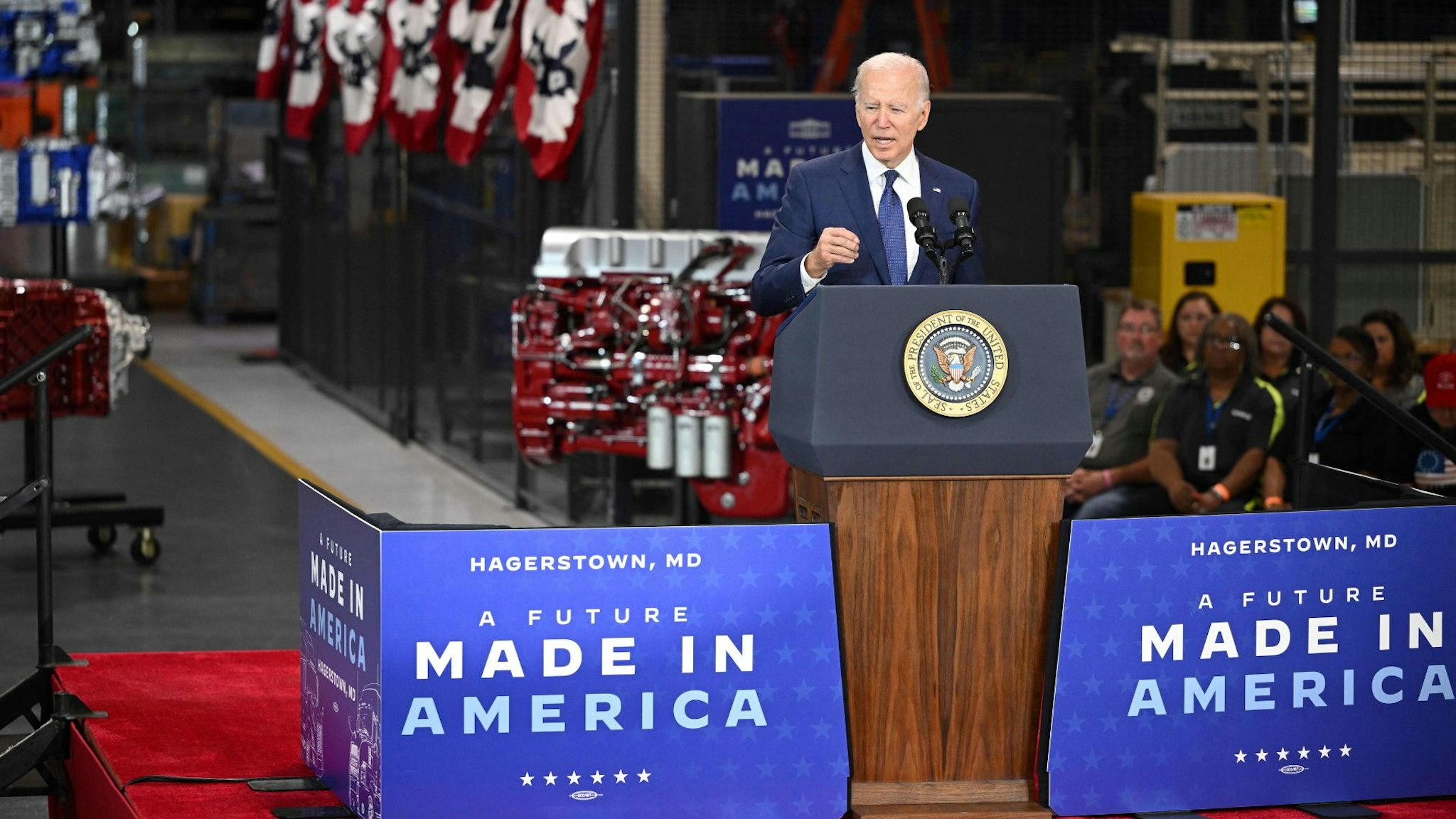 US President Joe Biden delivers remarks on the economy after touring the Volvo Group Powertrain facility in Hagerstown, Maryland, on October 7, 2022.