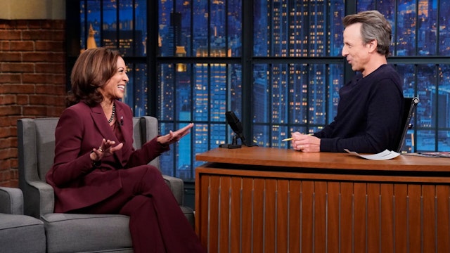 LATE NIGHT WITH SETH MEYERS -- Episode 1343 -- Pictured: (l-r) Vice President Kamala Harris during an interview with host Seth Meyers on October 10, 2022.