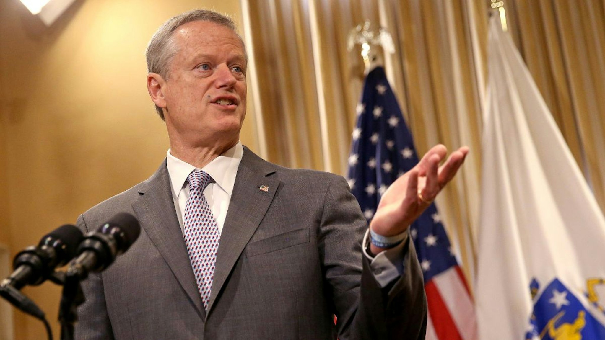 Governor Charlie Baker speaks at a press conference on tax relief proposals at the State House on June 27, 2022 in Boston, Massachusetts.