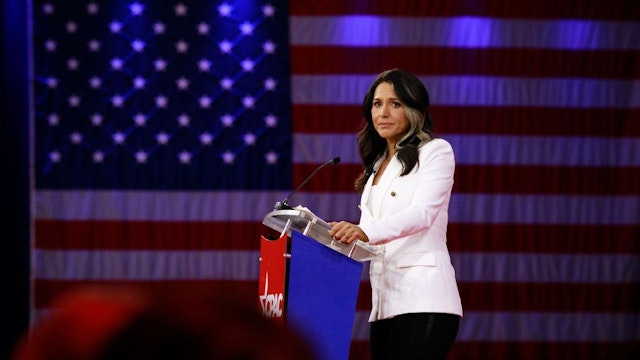 Tulsi Gabbard, former Representative from Hawaii, speaks during the Conservative Political Action Conference (CPAC) in Orlando, Florida, U.S., on Friday, Feb. 25, 2022. Launched in 1974, the Conservative Political Action Conference is the largest gathering of conservatives in the world.