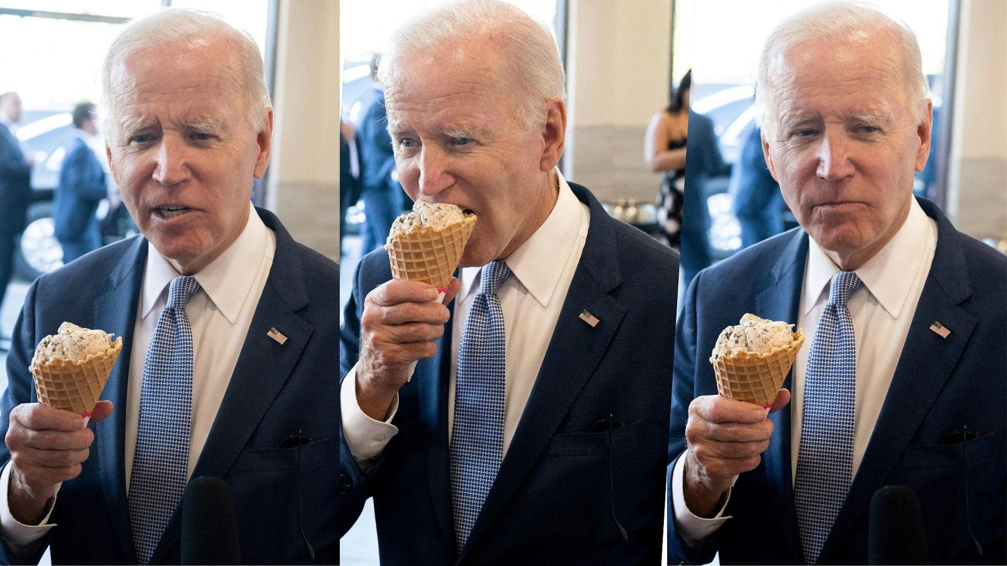 US President Joe Biden speaks to the press as he stops for ice cream at Baskin Robbins in Portland, Oregon, October 15, 2022.
