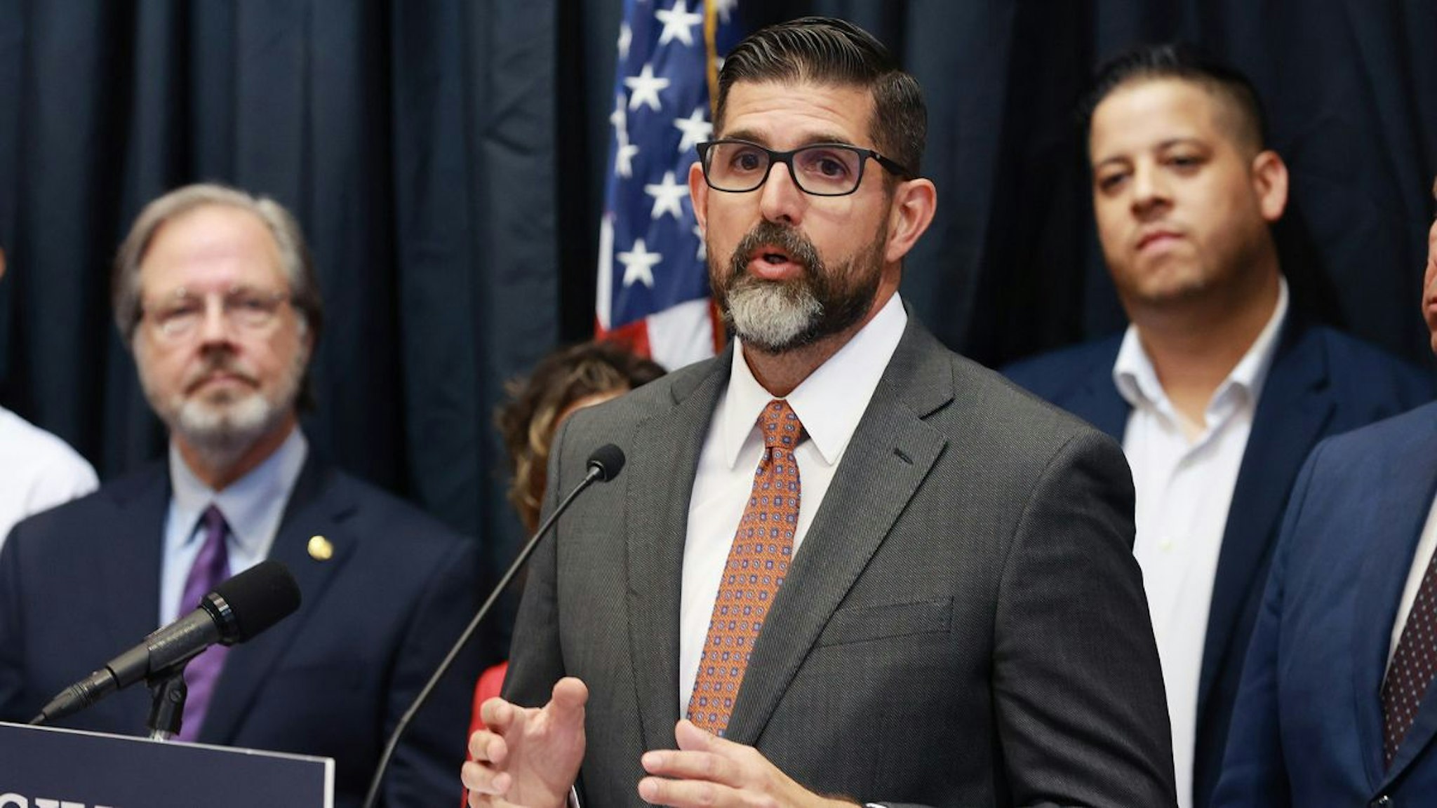 Florida Education Commissioner Manny Diaz Jr., speaks at a news conference at Crooms Academy of Information Technology on June 30, 2022, in Sanford, Florida, where Florida Gov. DeSantis announced a new civics education program.