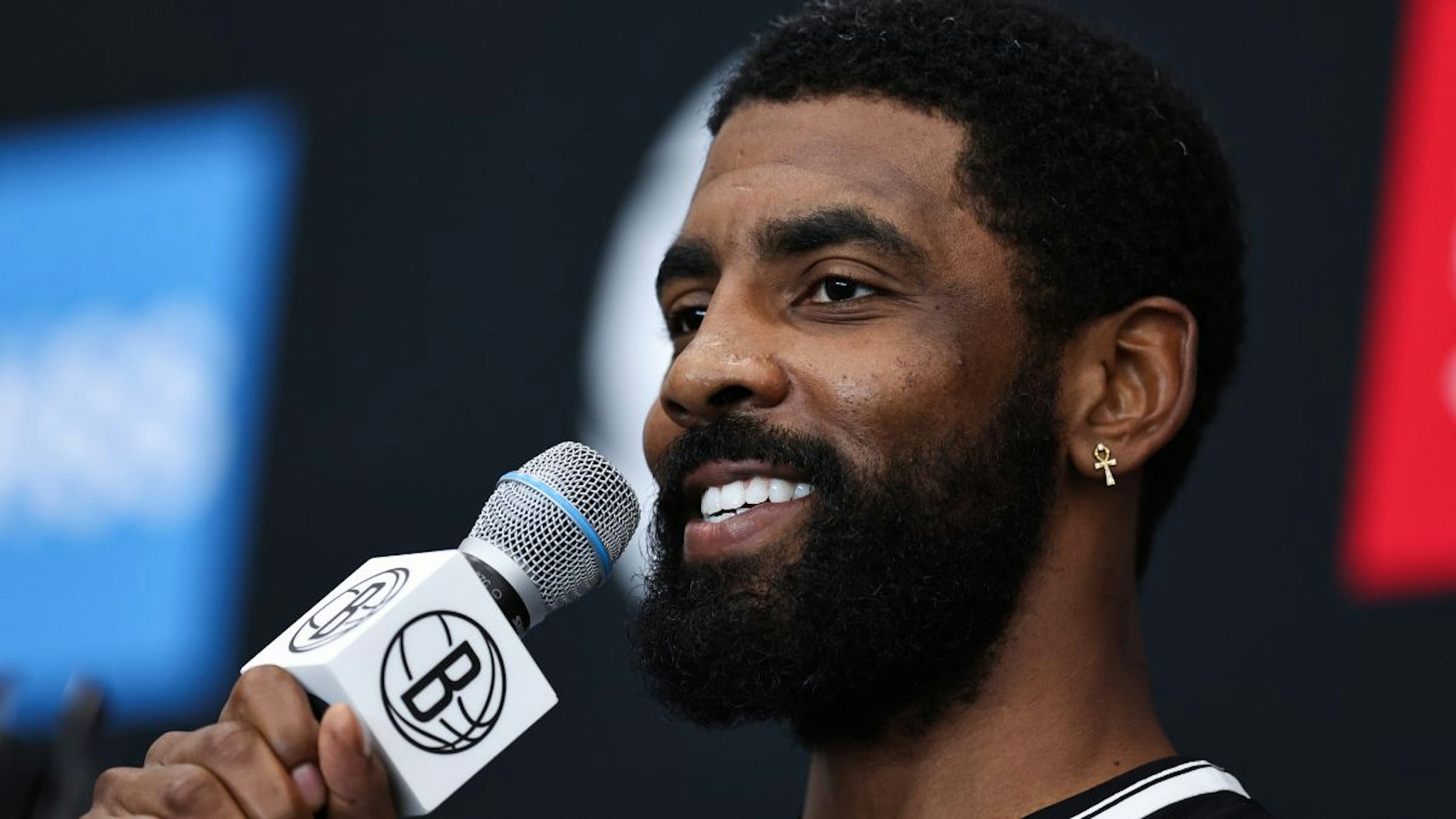 Kyrie Irving #11 of the Brooklyn Nets speaks during a press conference at Brooklyn Nets Media Day at HSS Training Center on September 26, 2022 in the Brooklyn borough of New York City.