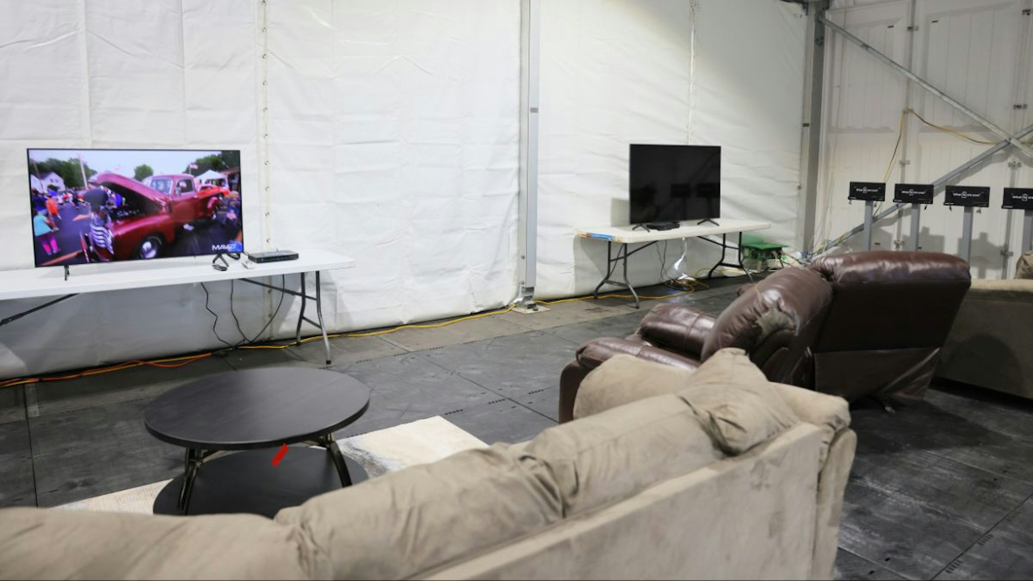 A couch and tv are seen in the recreation room during a tour of the Randall's Island Humanitarian Emergency Response and Relief Center on October 18, 2022 in New York City.