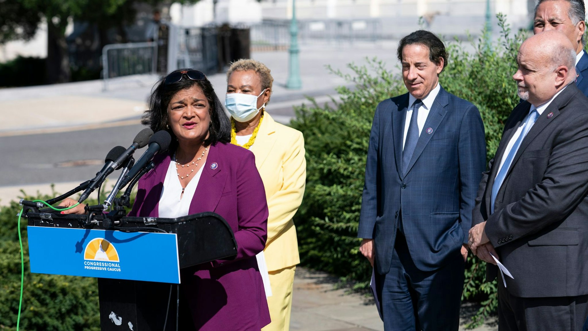 WASHINGTON, UNITED STATES - AUG 12: Rep. Pramila Jayapal, D-WA, Congressional Progressive Caucus Chair, speaks during a news conference on the Inflation Reduction Act outside of the U.S. Capitol in Washington, D.C., on Friday Aug. 12, 2022.