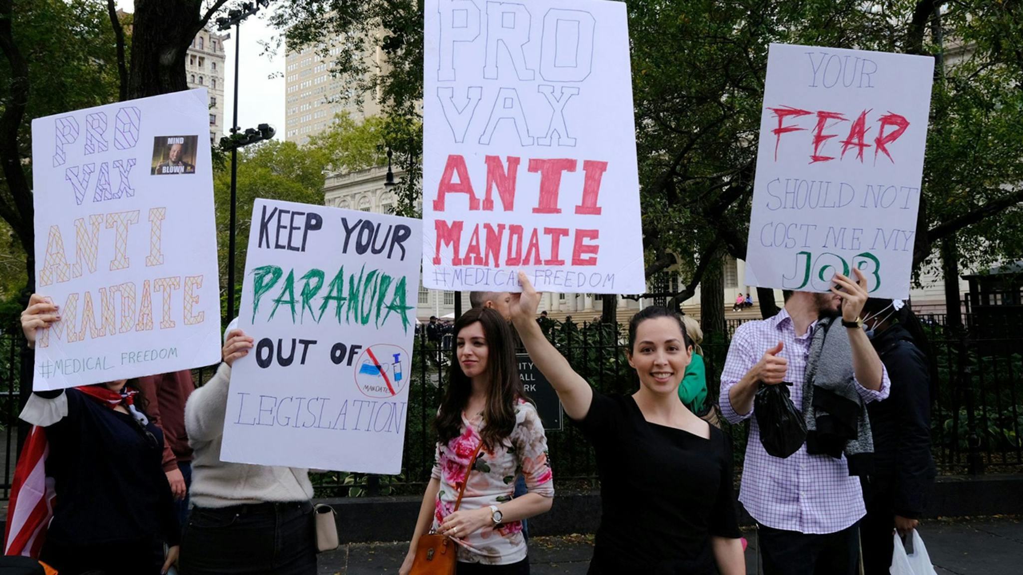 COVID protesters New York City employees protest Mayor de Blasio's coronavirus vaccination mandate for all municipal workers on Monday, Oct. 25, 2021.