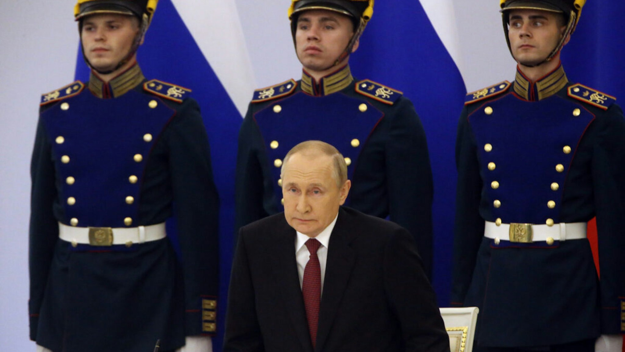 Russian President Vladimir Putin attends the signing ceremony with separatist leaders on the annexation of four Ukrainian regions at the Grand Kremlin Palace, September 30, 2022, in Moscow, Russia