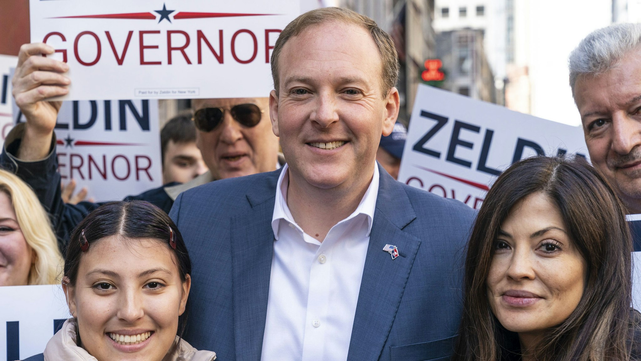 NEW YORK, UNITED STATES - 2022/10/11: Congressman Lee Zeldin (C) attends the annual Columbus Day parade on Fifth Avenue in Manhattan.