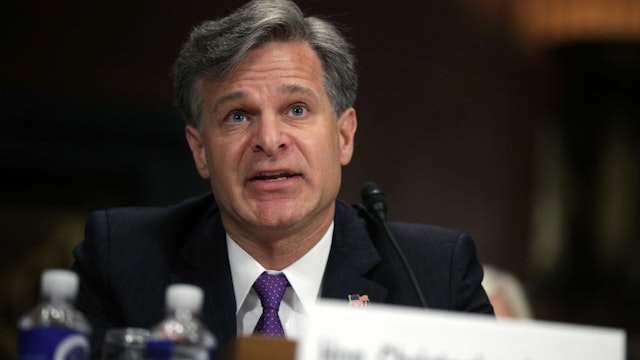 WASHINGTON, DC - JULY 12: FBI director nominee Christopher Wray testifies during his confirmation hearing before the Senate Judiciary Committee July 12, 2017 on Capitol Hill in Washington, DC. If confirmed, Wray will fill the position that has been left behind by former director James Comey who was fired by President Donald Trump about two months ago. (Photo by Alex Wong/Getty Images)