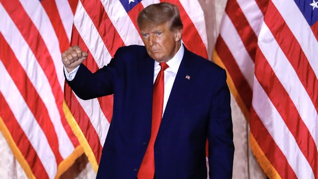 Former US President Donald Trump gestures after speaking at the Mar-a-Lago Club in Palm Beach, Florida, US, on Tuesday, Nov. 15, 2022. Trump formally entered the 2024 US presidential race, making official what he's been teasing for months just as many Republicans are preparing to move away from their longtime standard bearer.