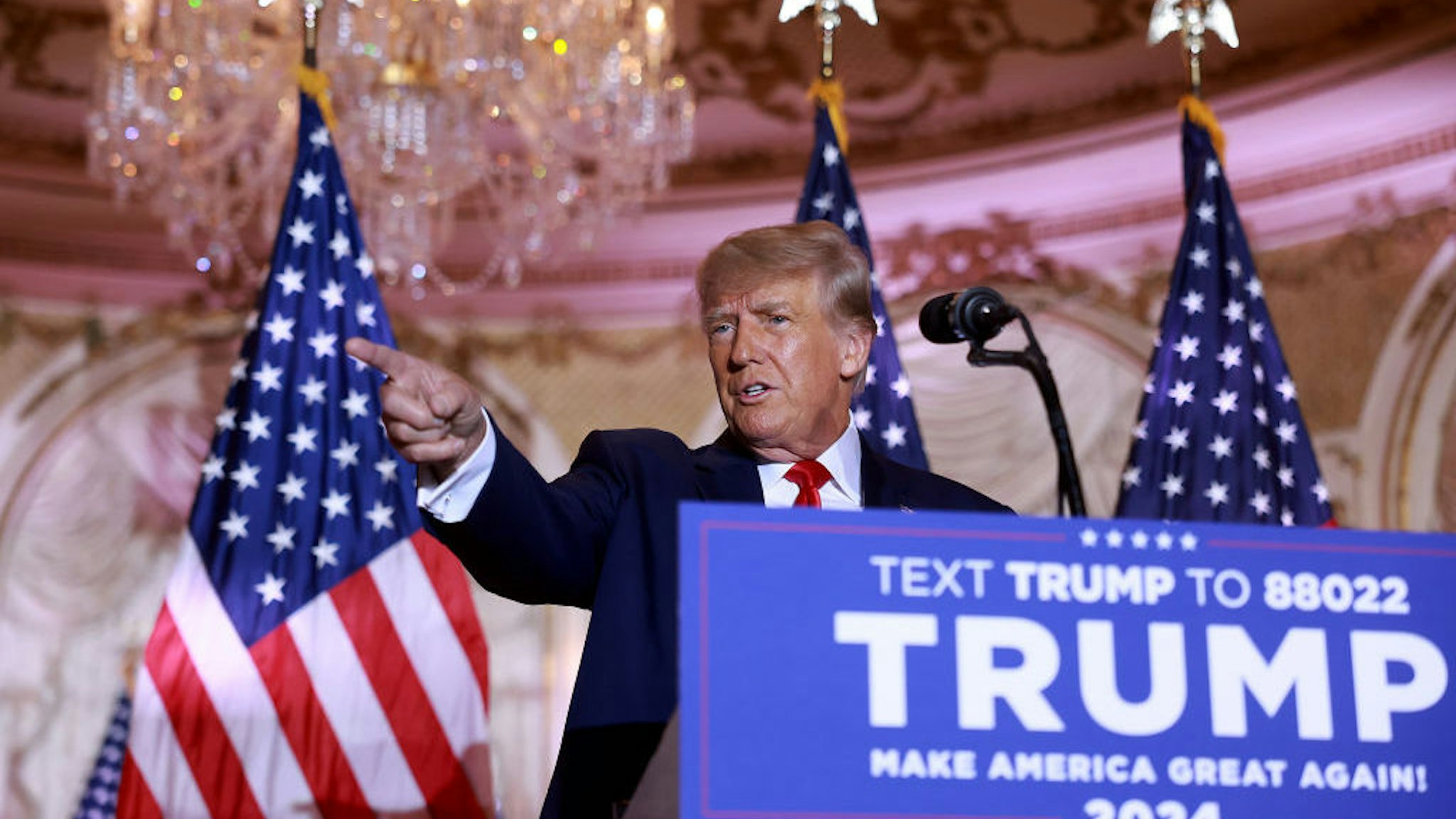 PALM BEACH, FLORIDA - NOVEMBER 15: Former U.S. President Donald Trump speaks during an event at his Mar-a-Lago home on November 15, 2022 in Palm Beach, Florida. Trump announced that he was seeking another term in office and officially launched his 2024 presidential campaign. (Photo by Joe Raedle/Getty Images)