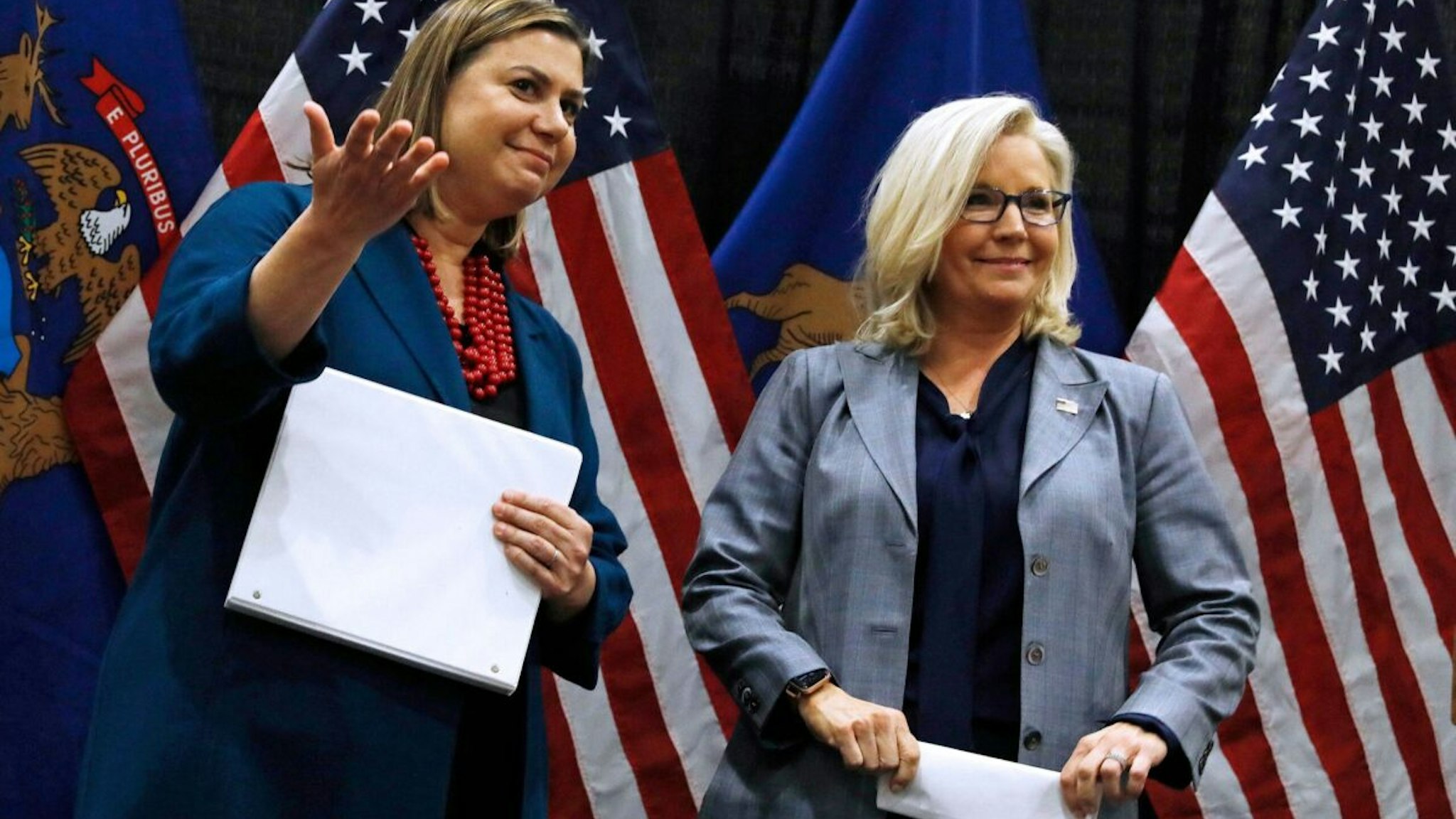 US Representative Liz Cheney (R) (R-WY) attends a campaign event in support of the re-election bid of US Representative Elissa Slotkin (L) (D-MI) during "An Evening for Patriotism and Bipartisanship" campaign event at East Lansing High School in Lansing, Michigan, on November 1, 2022
